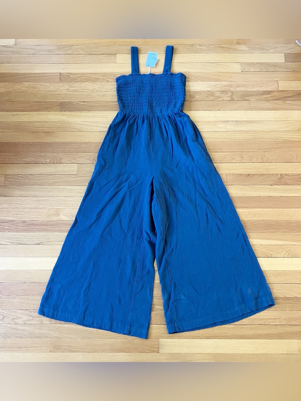 Quince Indigo Blue New NWT Organic Cotton Gauze Smocked Wide Leg Jumpsuit Medium - Picture 2 of 12